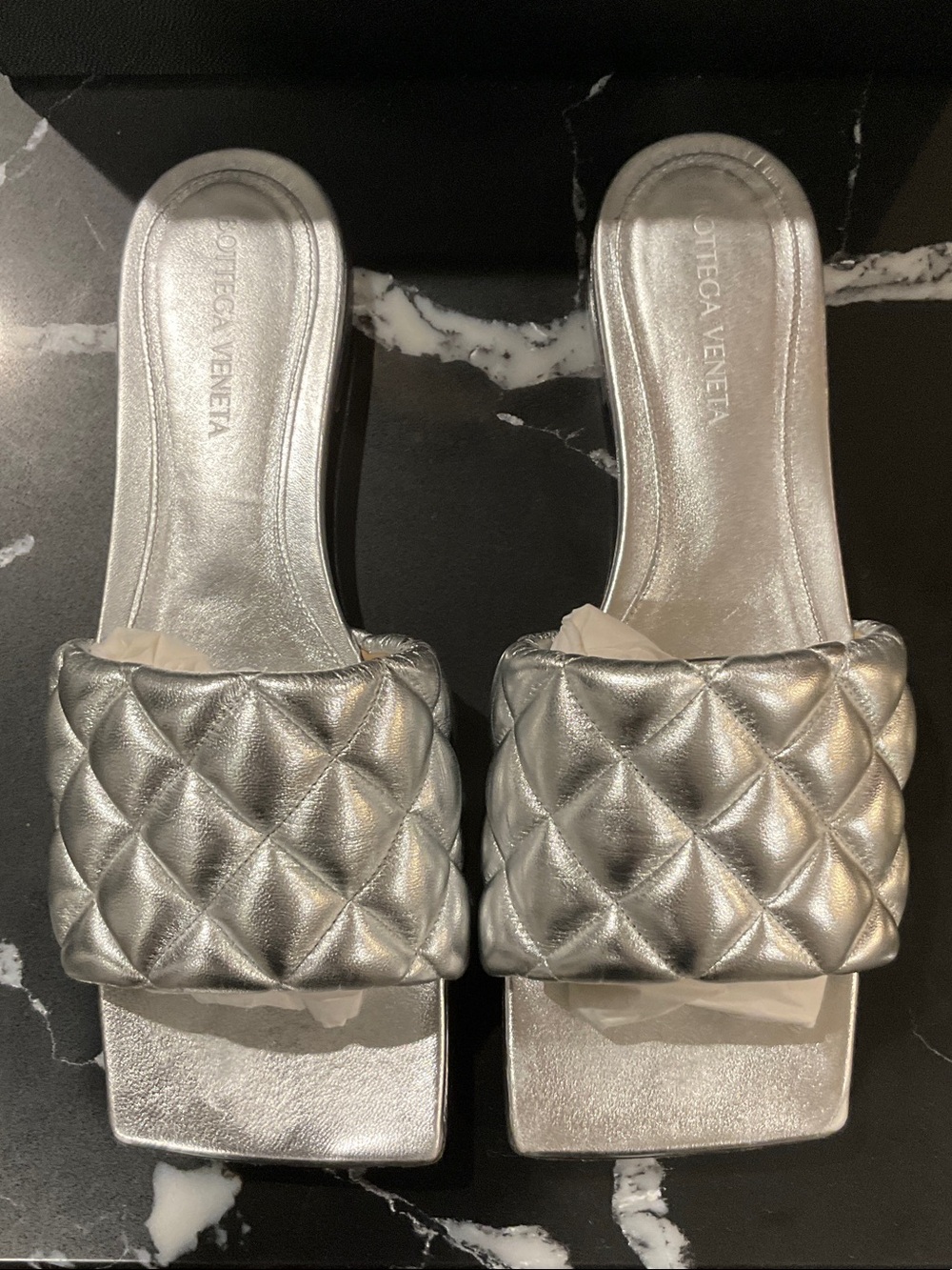 Bottega Veneta Metallic Silver Quilted Sandals